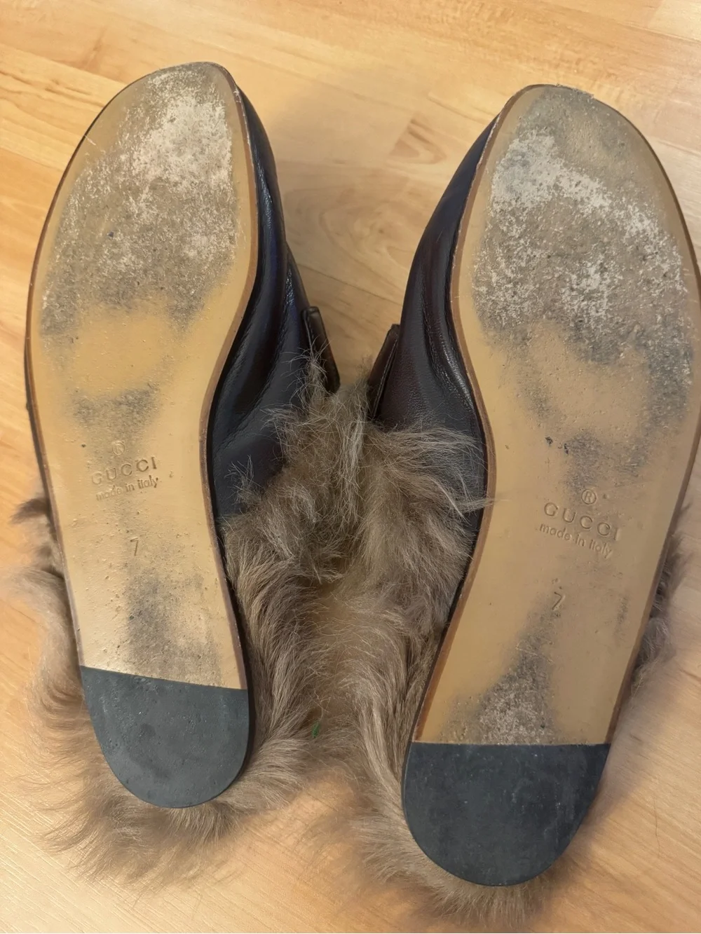 Gucci Brown Leather Fur-Lined Slip-On Loafers with Green/Red Web and Gold GG